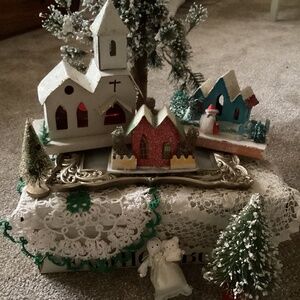 26 misc antique/vintage Christmas village pieces